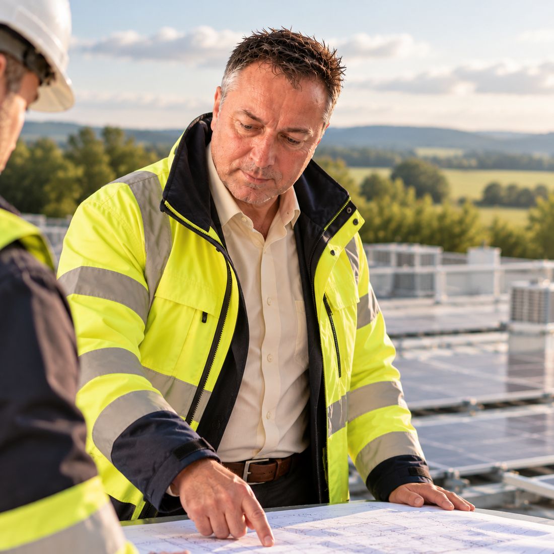 Mathias Reißenweber examine des plans sur une toiture photovoltaïque